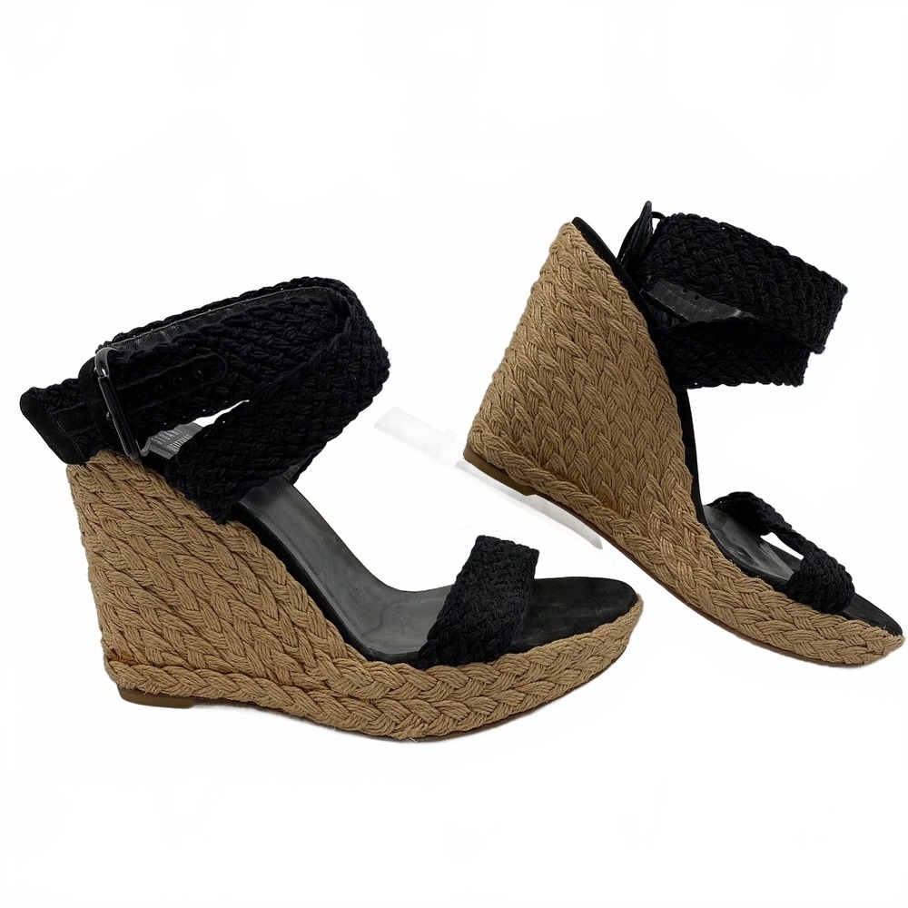 Stuart Weitzman Black Tan Woven Espadrille Wedges | Regular US10